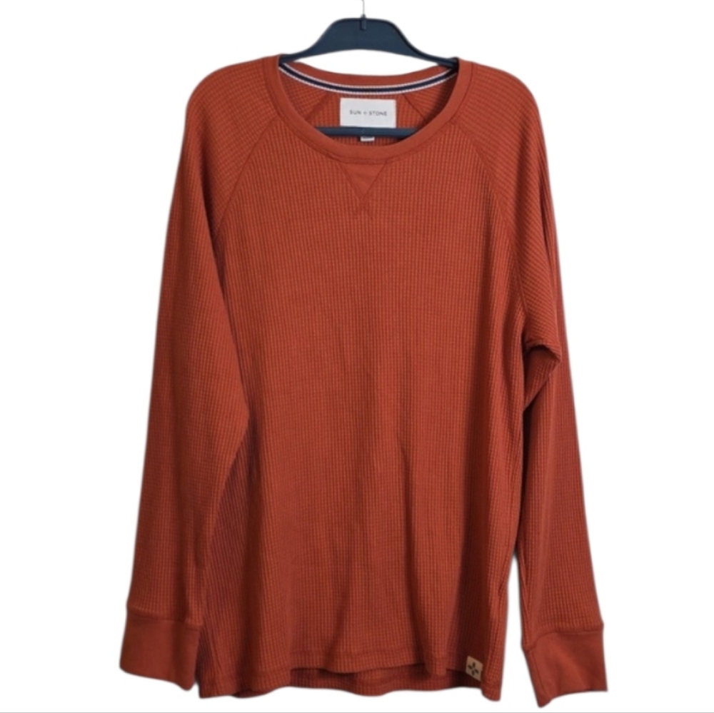 Sun And Stone Waffle Thermal Knit Top Unisex Large Rust Nwt - Picture 2 of 12